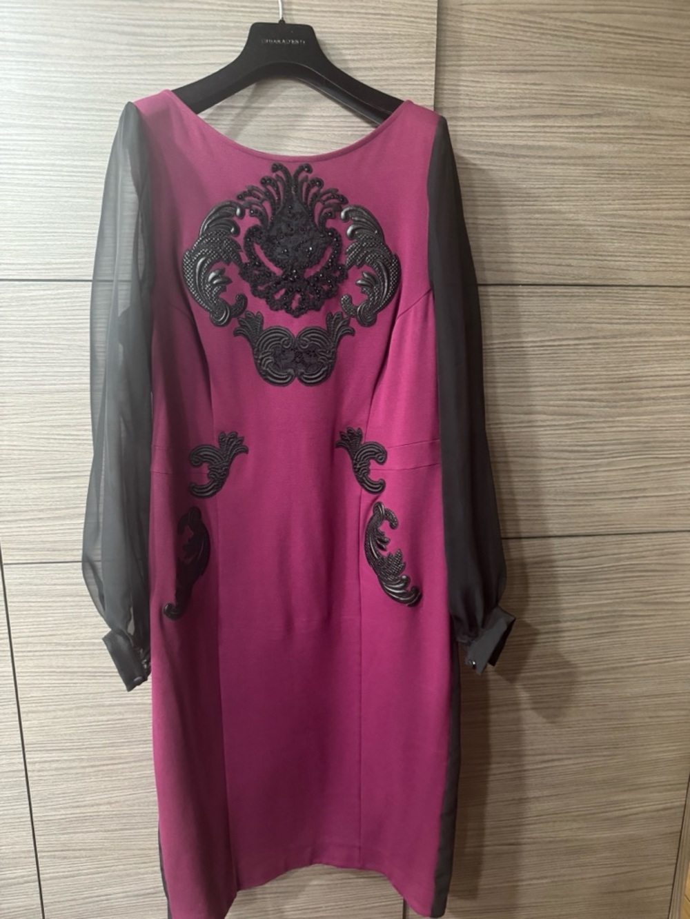Fuchsia Midi Dress with Sheer Black Sleeves and Appliqué